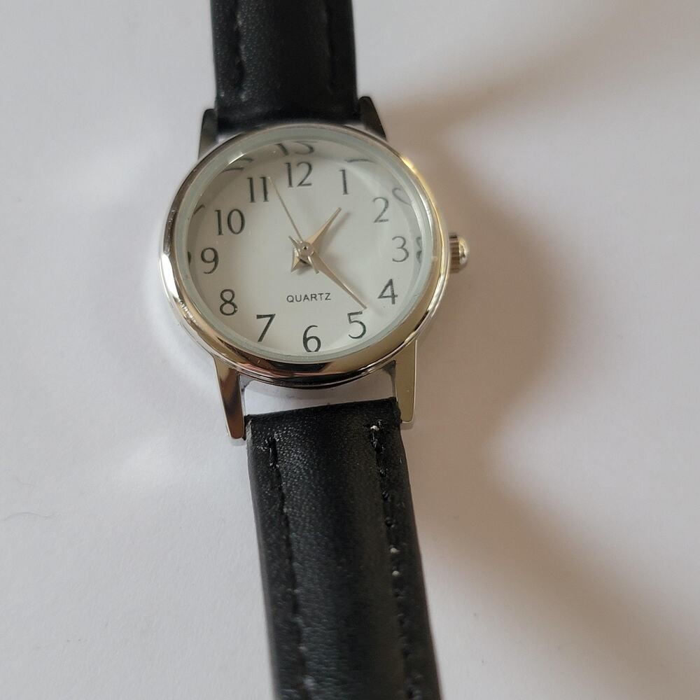 Silver Tone White Dial Necklace Watch Women Black Strap Quartz Analog Casual